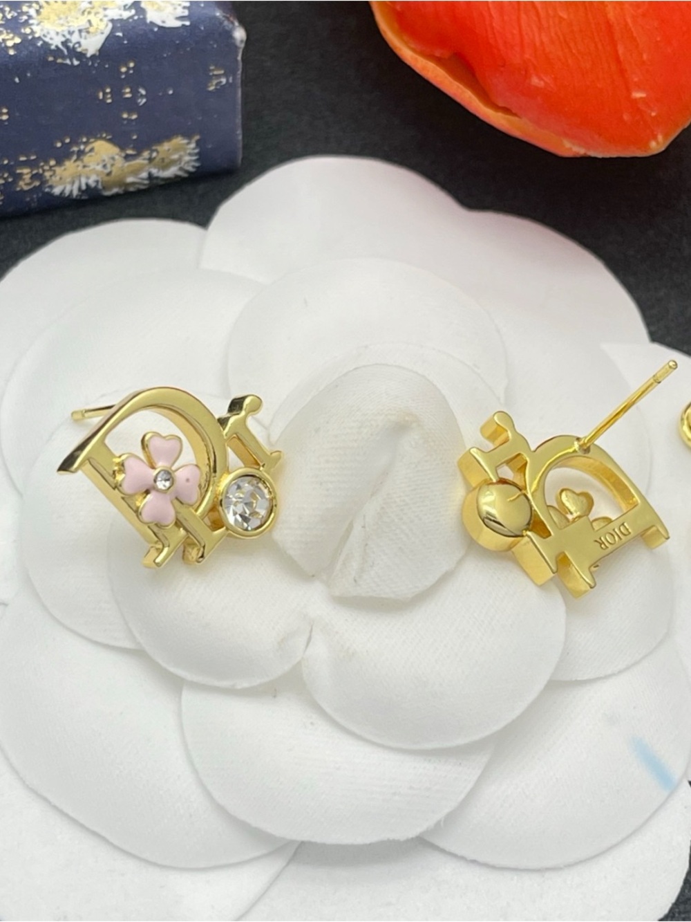 Dior Gold Tone D Logo Stud Earrings with Pink Flower and Crystal